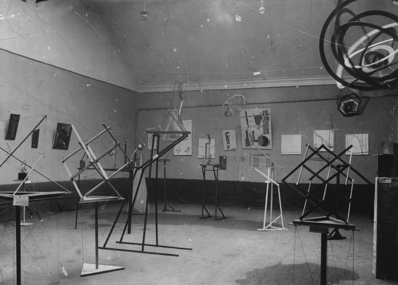 black and white photo of a constructivist exhibition in moscow in 1921